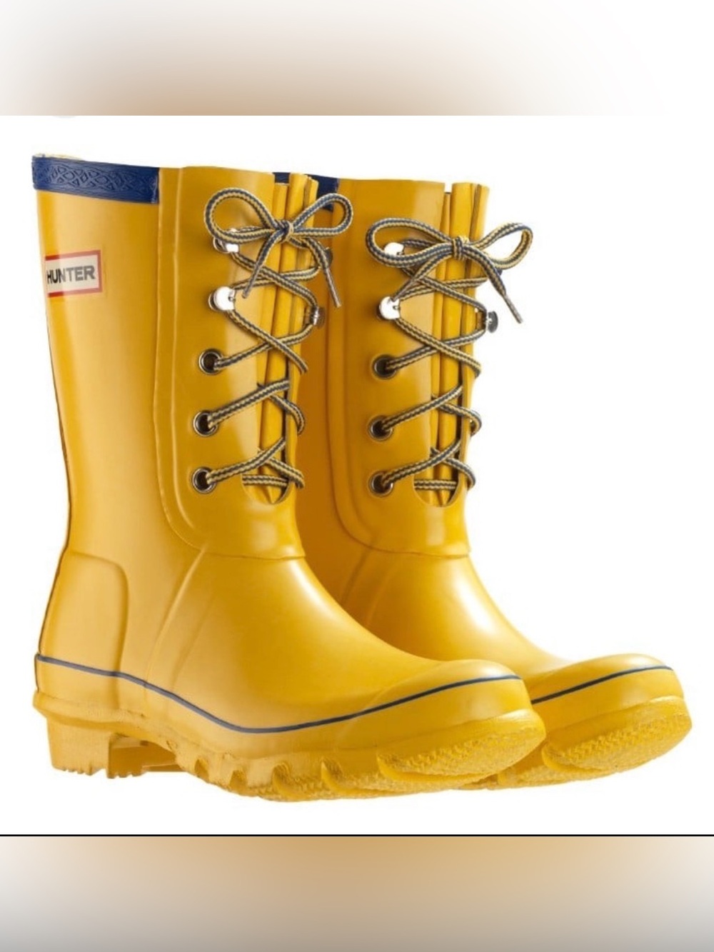 HUNTER Yellow Festival Lace-Up Wellington Rain Boots, size 5